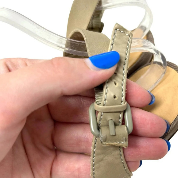 L.A.M.B. Kam Taupe Platform Slingback Wooden Heels Sandals Size 9.5 - Picture 6 of 11